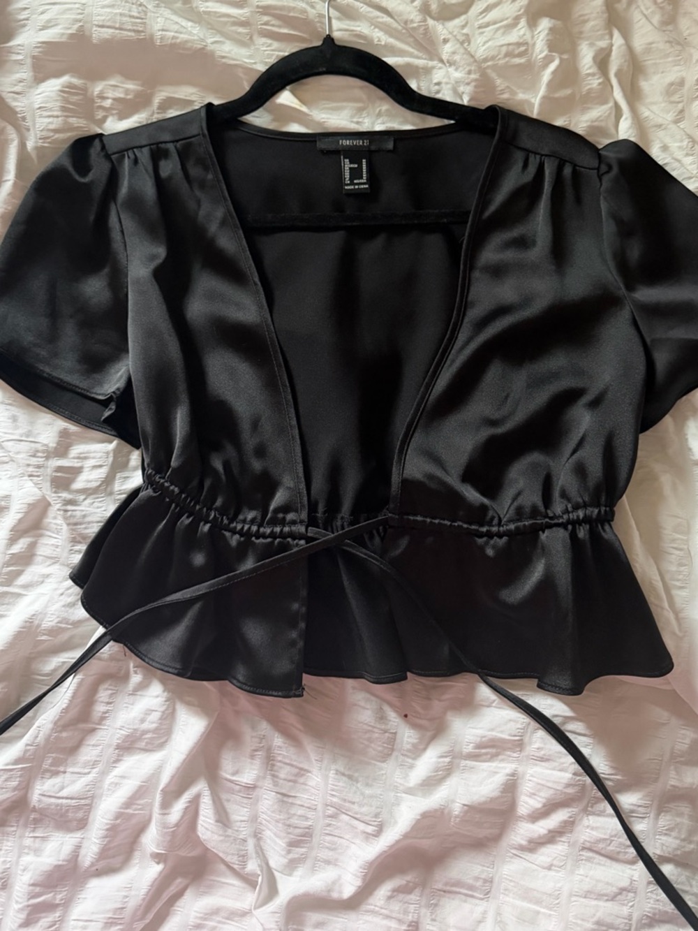 Forever 21 Black Satin Tie-Front Peplum Crop Top